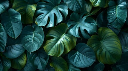 Fototapeta premium Large tropical leaf with dark green texture
