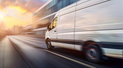 Fototapeta premium Dynamic Delivery: White Van Speeding Through Sunset Cityscape. Generative ai 