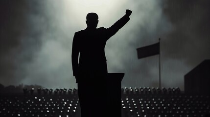silhouette of a dictator marching in front of a military parade. Generative ai 