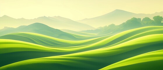 Obraz premium Lush Rolling Landscapes: Verdant Hills in Misty Green Harmony. Generative ai 