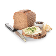 Bread slices with fresh butter, garlic and bowl of peppercorn on white background