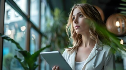 Thoughtful Caucasian businesswoman holding digital tablet