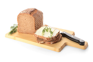 Wooden board of bread slices with fresh butter on white background