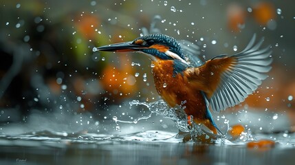 Kingfisher diving into river with dramatic splash