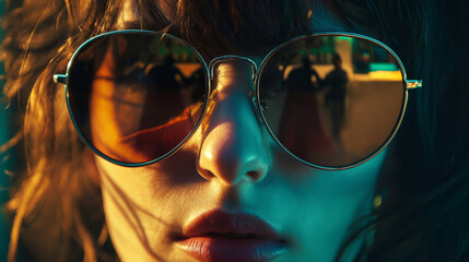 A person wearing aviator sunglasses with a reflective lens, eyewear, with copy space