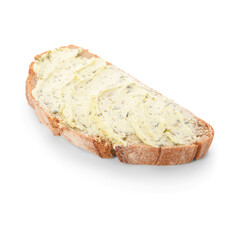Bread slice with fresh butter on white background