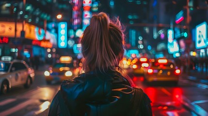 Fototapeta premium Young woman at a busy intersection at night