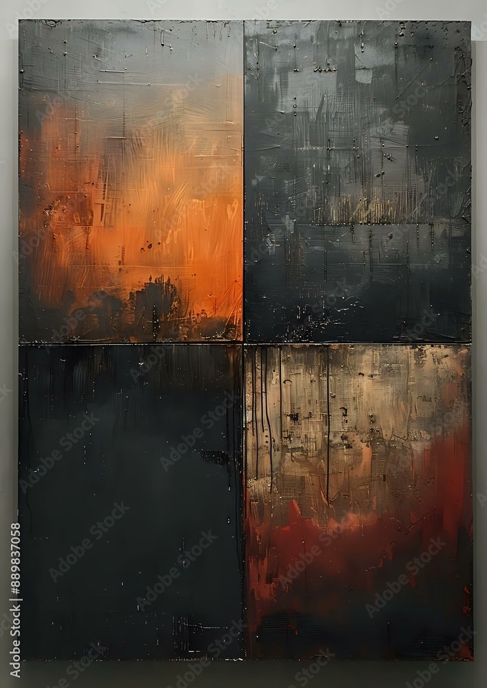Poster abstract painting with a grid of four sections, featuring dark tones with splashes of orange and red