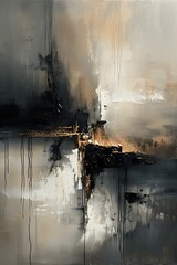 Abstract painting with bold strokes and a blend of black, white, and earthy tones. Perfect for modern interiors, art galleries, and contemporary design projects.