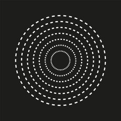 Dotted concentric circles. Black background vector. Geometric abstract pattern. Monochrome design.