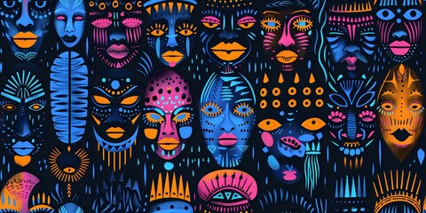 Obraz premium Colorful tribal mask pattern with vibrant hues of blue, pink, and orange on a dark background. Ideal for cultural artwork, fabric prints, or digital designs.
