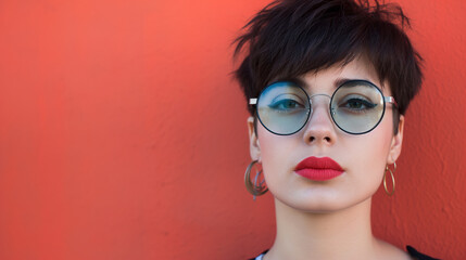 A fashionable person wearing round glasses, eyewear, with copy space