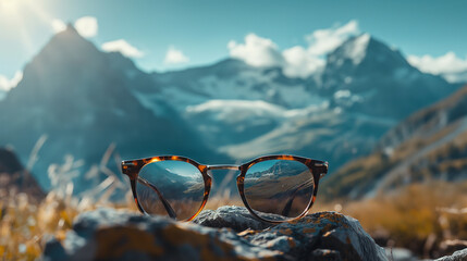 Eyewear with a backdrop of a beautiful mountain range, eyewear, with copy space