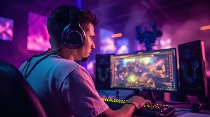 pro gamer man in headphones live streaming while playing online computer game, neon lights, esports,  gaming, monitor, play, young, player, internet, enjoyment, cyber,