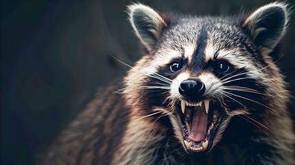 Aggressive close up portrait of a raccoon snarling and roaring with its mouth open showcasing the ferocious nature and dangerous predatory behavior of this wild mammal in its natural environment