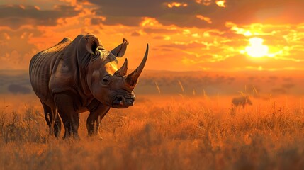 Fototapeta premium Majestic White Rhinoceros Ceratotherium simum Silhouetted Against a Vibrant Sunset Sky in the Khama Rhino Sanctuary Kenya This endangered species roams the grasslands and savannas of Africa