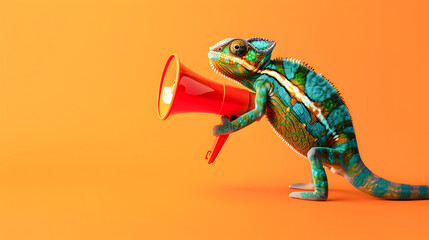 Creative announcement concept featuring a vibrant colorful chameleon appearing to shout into a bright red megaphone against a solid orange studio background
