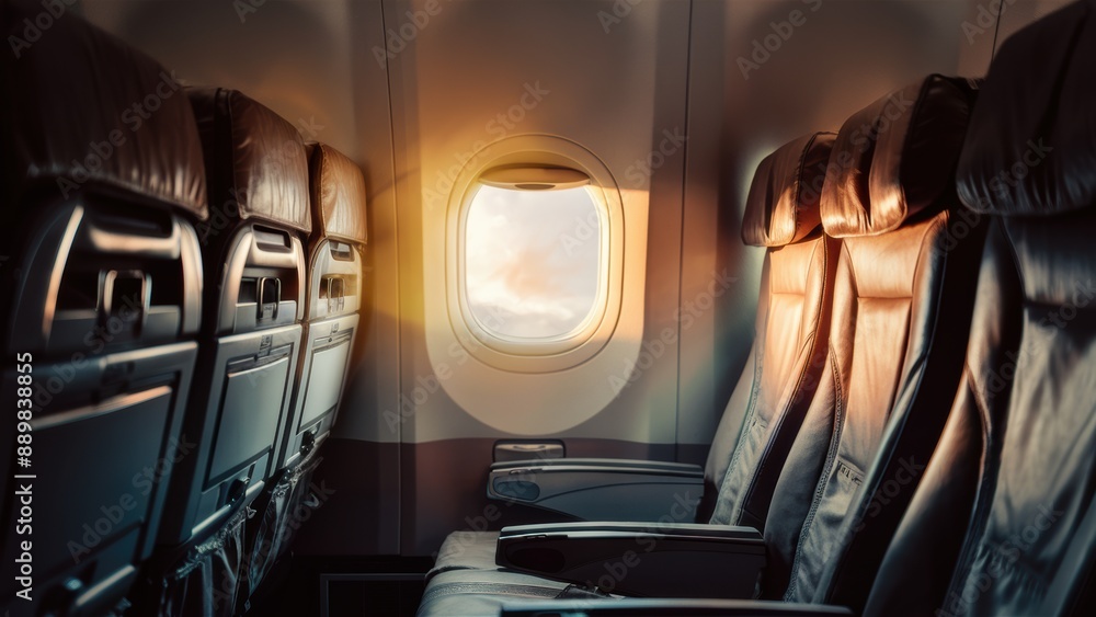 Poster a view of a window on an airplane with rows and seats, ai
