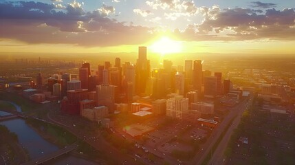 Aerial drone photo of the City of Denver, Colorado at sunset
