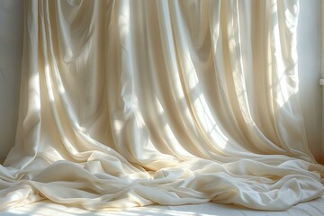 Luxurious ivory silk fabric draped beautifully, catching soft sunlight and creating elegant folds. Ideal for backgrounds, fashion, interior design, or textile projects.