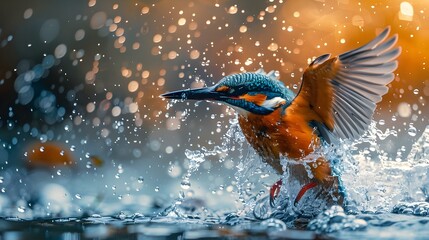 Kingfisher diving into river with dramatic splash