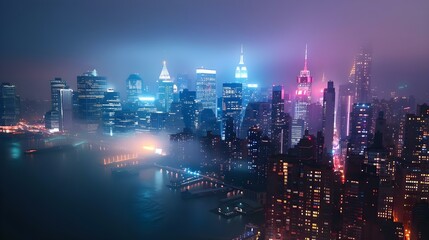 Obraz premium New York City skyline on a foggy night with glowing lights
