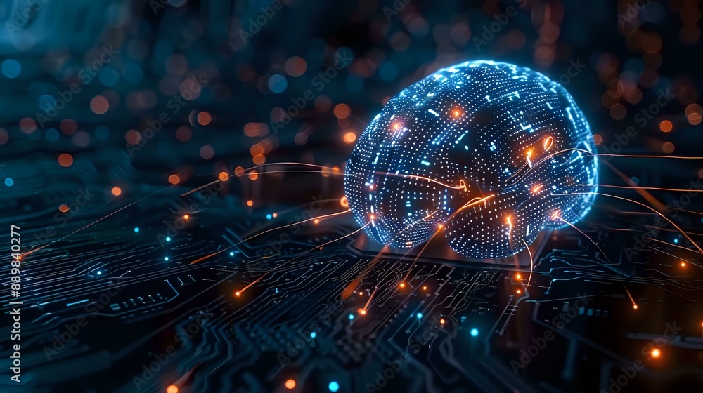 Poster futuristic representation of a digital brain glowing on a circuit board, symbolizing artificial inte