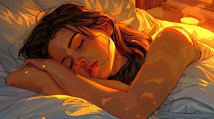 A peaceful woman sleeps in a warm, sunlit room, capturing the serenity and comfort of rest. Ideal for themes related to relaxation, sleep, and wellness.