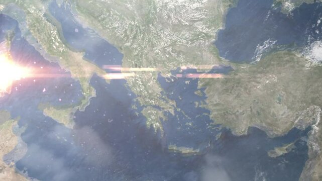Zooming in on Volos, Greece frome space. Realistic 3D Animation.