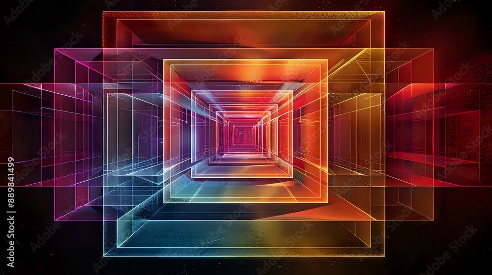 Poster a vibrant, abstract digital illustration featuring overlapping translucent rectangles in a tunnel-li