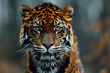 Obraz premium A striking close-up of a tiger with intense eyes and detailed fur patterns, set against a blurred natural background. Perfect for wildlife photography, nature documentaries, and conservation projects.
