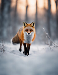 Fototapeta premium A red fox trotting through the snowy forest, twilight 