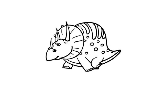 Cartoon dinosaur ceratops walking cycle whiteboard. Cute 2d hand made prehistoric black and white animal character animation good for any use. 