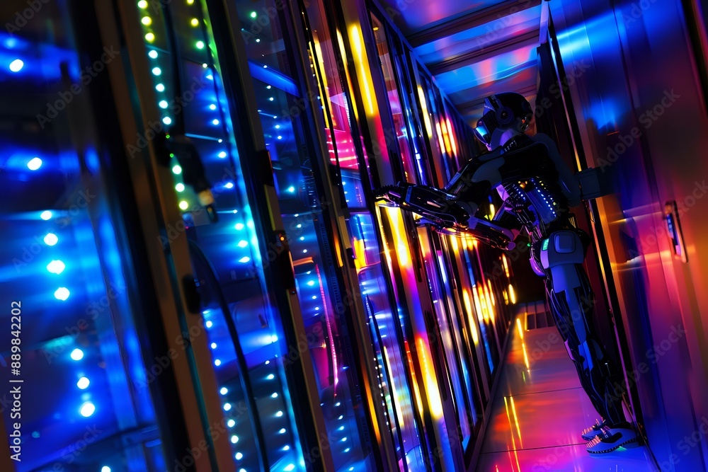 Poster a vibrant image of a technician working in a colorful, illuminated server room, showcasing modern te