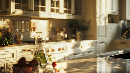 Sunlit kitchen with white cabinetry and marble countertops, featuring fresh fruit and stylish decor. Ideal for home design, lifestyle magazines, and kitchen renovation promotions.