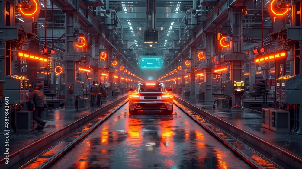 Wall mural Futuristic Cityscape With Car Driving Through Neon-Lit Tunnel