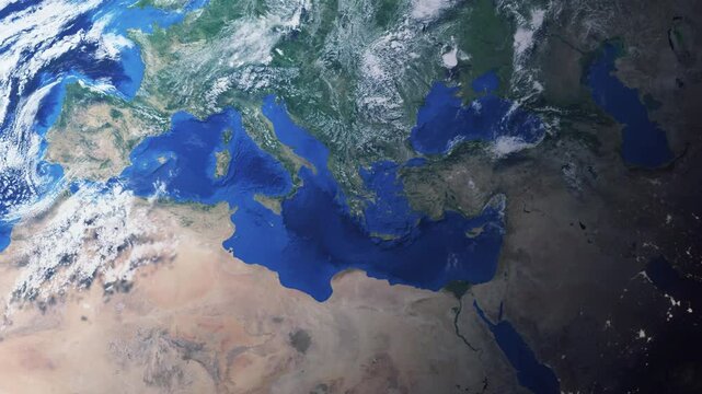 Zooming in on Patra, Greece frome space. Realistic 3D Animation.