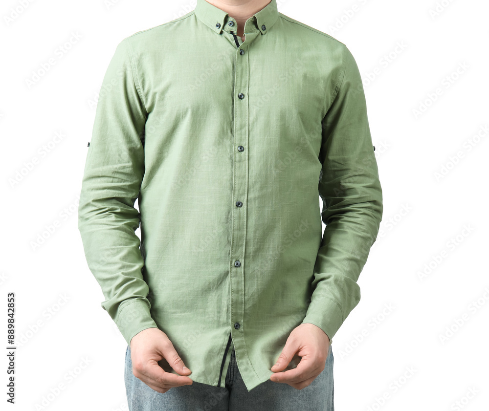 Wall mural Young man in stylish green collar shirt on white background