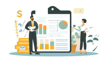 Business design with charts and graphs, featuring a diverse group of people in an office setting.  infographic-style image.