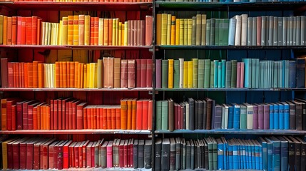 Fototapeta premium Vibrant library shelf with books arranged by color, creating a rainbow gradient. Ideal for education, organization, and interior design themes. Perfect for adding a pop of color and visual interest.