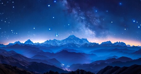 Fototapeta premium The stars at the top paint a dreamy night sky, and Ball's star, Meg CJ, and Taurus show interstellar details. The starry night sky over the mountains, where stars like Bohr could be seen on the distan