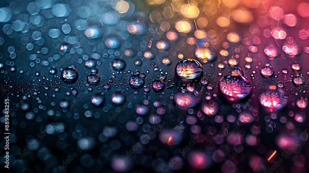 Poster abstract close-up of water droplets on a dark surface, illuminated by colorful light reflections, cr