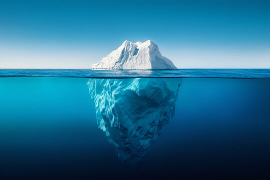 Split-shot of an iceberg floating between the cold blue ocean & the sky. Most of the iceberg is below the horizon, going down deep underwater, while its white ice part above meets a clean azure sky. 