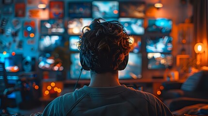 Fototapeta premium Gamer immersed in a vibrant gaming setup, featuring multiple monitors and colorful ambient lighting. Perfect for themes related to gaming, technology, and entertainment.