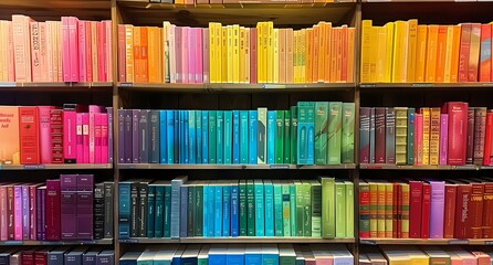 Fototapeta premium A colorful bookshelf arranged in a gradient of hues, creating a visually appealing and organized display. Perfect for concepts of literacy, organization, and interior design inspiration.