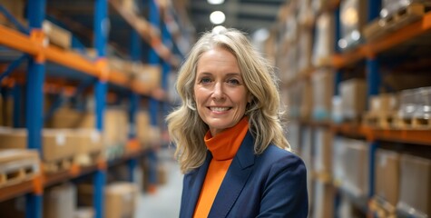 Enchanting businesswoman, middle-aged with shoulder-length blonde hair and blue eyes wearing an orange turtleneck underneath her royal-blue blazer , rows of high-tech warehouse shelves