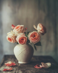 Elegant Pink Roses in Rustic Ceramic Vase on Wooden Table