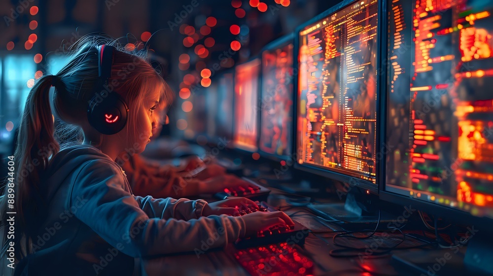 Poster a young girl engrossed in coding or gaming on a computer in a dimly lit room filled with multiple sc