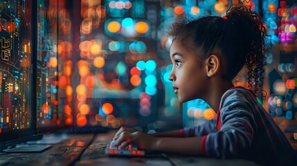 Obraz premium A young girl engrossed in a computer screen, surrounded by colorful, futuristic digital elements. Ideal for technology, education, and future-focused content.