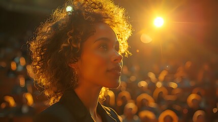 A confident woman stands under warm stage lights, capturing a moment of inspiration and determination. Ideal for presentations, leadership themes, and motivational content.